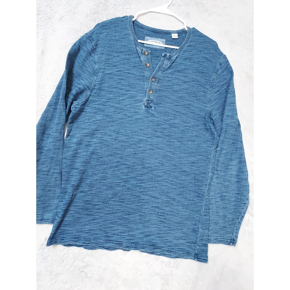 32 Bar Blues HenleyShirt Mens Large Midweight Long Sleeve Slub Knit Blue Preppy